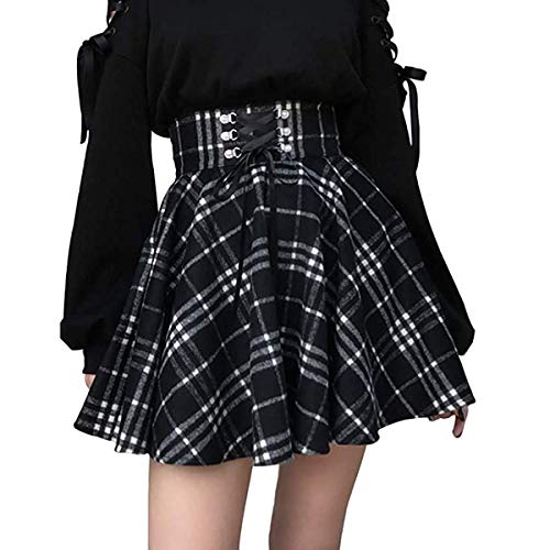 ORANDESIGNE Damen Kariert Kilt-Rock Faltenröcke Tartan Minirock Hohe Taille Kurz Skirt Skater Rock Informell Mini Glocken Rock A Schwarz Large von ORANDESIGNE