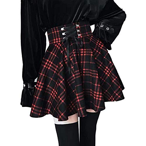 ORANDESIGNE Damen Kariert Kilt-Rock Faltenröcke Tartan Minirock Hohe Taille Kurz Skirt Skater Rock Informell Mini Glocken Rock Rot Small von ORANDESIGNE