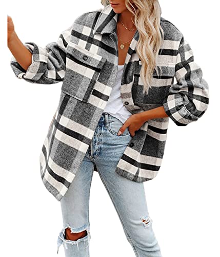 ORANDESIGNE Damen Karierte Hemdjacke Shacket Mäntel Langarm Hemd Bluse Mantel Flanell Gesteppte Jacke Holzfällerjacke Oversized Hemdbluse Urban Style Button Down Freizeithemd A Grau XS von ORANDESIGNE