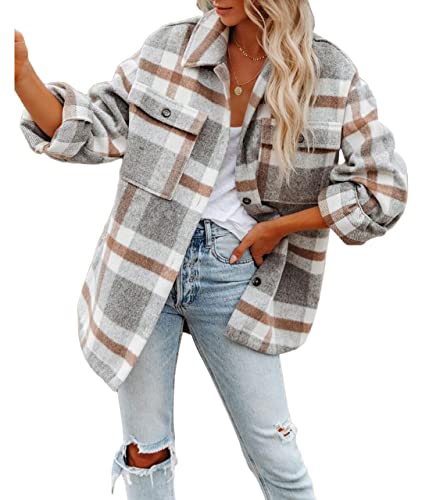 ORANDESIGNE Damen Karierte Hemdjacke Shacket Mäntel Langarm Hemd Bluse Mantel Flanell Gesteppte Jacke Holzfällerjacke Oversized Hemdbluse Urban Style Button Down Freizeithemd A Hellgrau XS von ORANDESIGNE