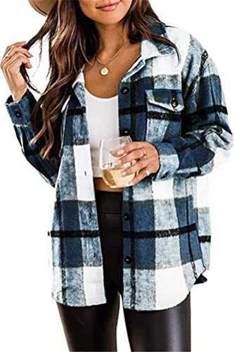 ORANDESIGNE Damen Karierte Hemdjacke Shacket Mäntel Langarm Hemd Bluse Mantel Flanell Gesteppte Jacke Holzfällerjacke Oversized Hemdbluse Urban Style Button Down Freizeithemd D Blau L von ORANDESIGNE