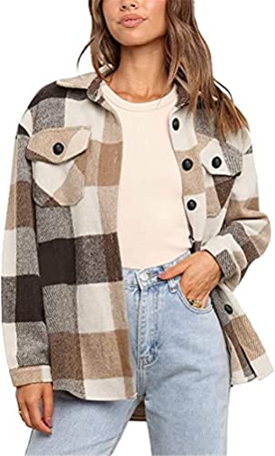 ORANDESIGNE Damen Karierte Hemdjacke Shacket Mäntel Langarm Hemd Bluse Mantel Flanell Gesteppte Jacke Holzfällerjacke Oversized Hemdbluse Urban Style Button Down Freizeithemd D Braun XXL von ORANDESIGNE