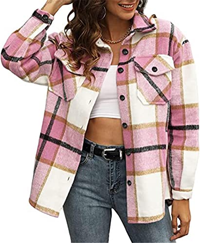 ORANDESIGNE Damen Karierte Hemdjacke Shacket Mäntel Langarm Hemd Bluse Mantel Flanell Gesteppte Jacke Holzfällerjacke Oversized Hemdbluse Urban Style Button Down Freizeithemd D Rosa 01 M von ORANDESIGNE