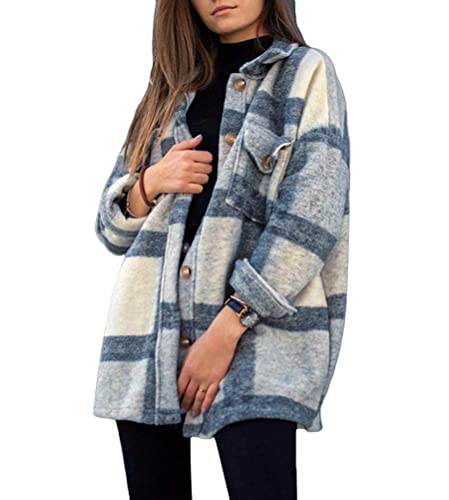ORANDESIGNE Damen Karierte Jacke Knöpfe Oversized Übergangsjacke Kurz Overshirt mit Karomuster Taschen Langarm Hemd Jacke Boyfreind Oberteile Top (S, B Grau) von ORANDESIGNE