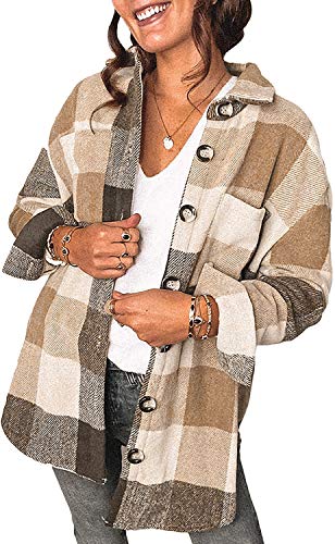 ORANDESIGNE Damen Karierte Jacke Knöpfe Oversized Übergangsjacke Kurz Overshirt mit Karomuster Taschen Langarm Hemd Jacke Boyfreind Oberteile Top A Braun M von ORANDESIGNE