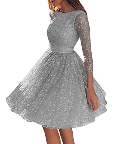 ORANDESIGNE Damen Kleid Abendkleid Langarm Cocktailkleid Knielang Elegant Festlich Partykleid A-Linie Mini Dress Swing Kleider Grau 34 von ORANDESIGNE