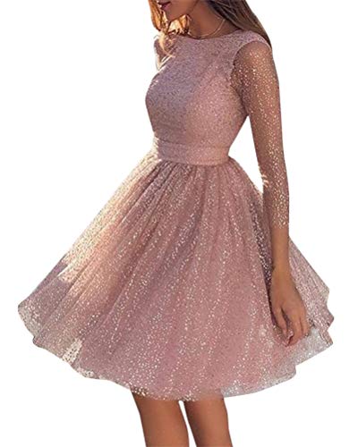 ORANDESIGNE Damen Kleid Abendkleid Langarm Cocktailkleid Knielang Elegant Festlich Partykleid A-Linie Mini Dress Swing Kleider Rosa 34 von ORANDESIGNE