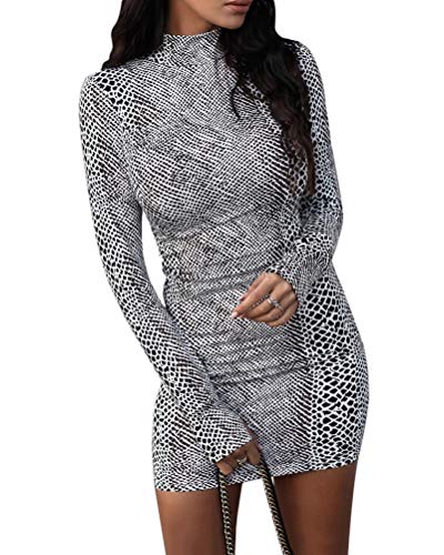 ORANDESIGNE Damen Kleid Herbst Langarm Rollkragen Schlangen Druckn Slim Fit Kleider Sexy Bodycon Cocktail Minikleid Weiß 36 von ORANDESIGNE