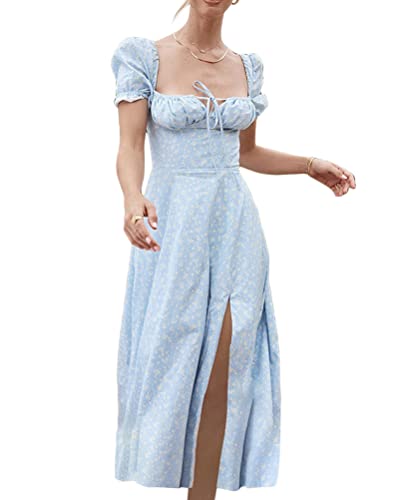 ORANDESIGNE Damen Kleider Boho Sommerkleid V-Ausschnitt Maxikleid Kurzarm Strandkleid Lang mit Schlitz A Himmelblau XL von ORANDESIGNE