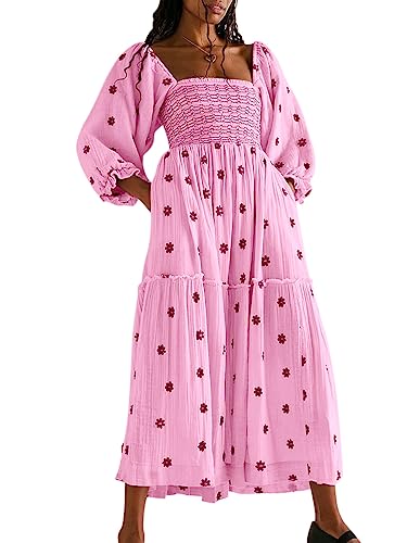 ORANDESIGNE Damen Kleider Elegant Festlich Sommer Lang Kleid Karree Ausschnitt Freizeitkleid Swingkleid Maxikleid mit Blumenprint Fest Party Abendmode Curvy Abendkleid Cocktail Strand Rot S von ORANDESIGNE