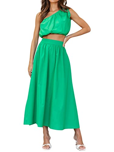ORANDESIGNE Damen Kleider Set Leinen Eine Schulter Oberteil und Langer Rock Zweiteiliges Set Elastisches Oberteil + Maxirock mit Schlitz und Taschen Freizeitkleider Strandkleid B Grün S von ORANDESIGNE