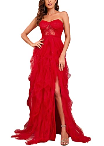 ORANDESIGNE Damen Kleider Spitzenkleid Cocktailkleid Festliches Ballkleid Elegant Partykleid Schulterfrei Bodenlang Brautjungfernkleider für Hochzeit Abendkleider A Rot M von ORANDESIGNE