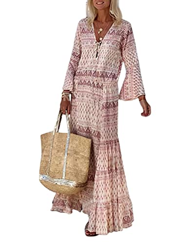 ORANDESIGNE Damen Kleider Strand Elegant Casual A-Linie Kleid 3/4-Arm Sommerkleider Boho V-Ausschnitt Tunika Maxikleid Strandkleid Lang E Rosa XL von ORANDESIGNE