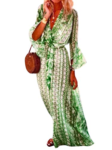 ORANDESIGNE Damen Kleider Strand Elegant Casual A-Linie Kleid 3/4-Arm Sommerkleider Boho V-Ausschnitt Tunika Maxikleid Strandkleid Lang F Grün M von ORANDESIGNE