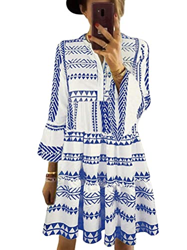 ORANDESIGNE Damen Kleider Strand Elegant Casual A-Linie Kleid 3/4-Arm Sommerkleider Boho V-Ausschnitt Tunika Mini Kleider A Blau XS von ORANDESIGNE