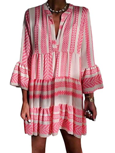 ORANDESIGNE Damen Kleider Strand Elegant Casual A-Linie Kleid 3/4-Arm Sommerkleider Boho V-Ausschnitt Tunika Mini Kleider A Rosa M von ORANDESIGNE