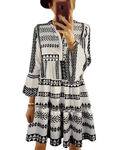 ORANDESIGNE Damen Kleider Strand Elegant Casual A-Linie Kleid 3/4-Arm Sommerkleider Boho V-Ausschnitt Tunika Mini Kleider A Schwarz XL von ORANDESIGNE