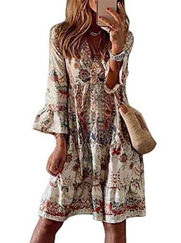 ORANDESIGNE Damen Kleider Strand Elegant Casual A-Linie Kleid 3/4-Arm Sommerkleider Boho V-Ausschnitt Tunika Mini Kleider D Beige M von ORANDESIGNE