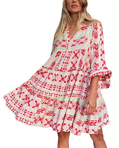 ORANDESIGNE Damen Kleider Strand Elegant Casual A-Linie Kleid 3/4-Arm Sommerkleider Boho V-Ausschnitt Tunika Mini Kleider D Rot S von ORANDESIGNE