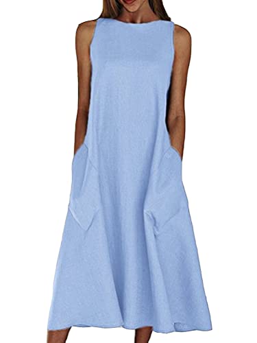 ORANDESIGNE Damen Kleider Strand Elegant Casual A-Linie Kleid Ärmellos Sommerkleider Strandkleider Lose Rundhals Einfarbig Tasche Kleid Boho Knielang Sommer Festtage Midikleid B Blau 44 von ORANDESIGNE