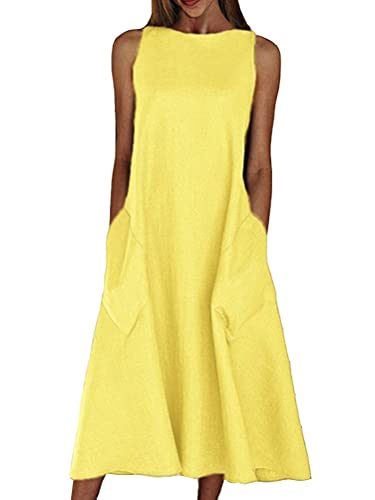 ORANDESIGNE Damen Kleider Strand Elegant Casual A-Linie Kleid Ärmellos Sommerkleider Strandkleider Lose Rundhals Einfarbig Tasche Kleid Boho Knielang Sommer Festtage Midikleid B Gelb 44 von ORANDESIGNE