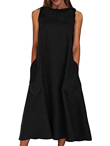 ORANDESIGNE Damen Kleider Strand Elegant Casual A-Linie Kleid Ärmellos Sommerkleider Strandkleider Lose Rundhals Einfarbig Tasche Kleid Boho Knielang Sommer Festtage Midikleid B Schwarz 48 von ORANDESIGNE