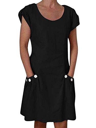 ORANDESIGNE Damen Kleider Strand Elegant Casual A-Linie Kleid Kurzarm Sommerkleider Strandkleider Lose Rundhals Einfarbig Kleid Boho Knielang Schwarz DE 42 von ORANDESIGNE