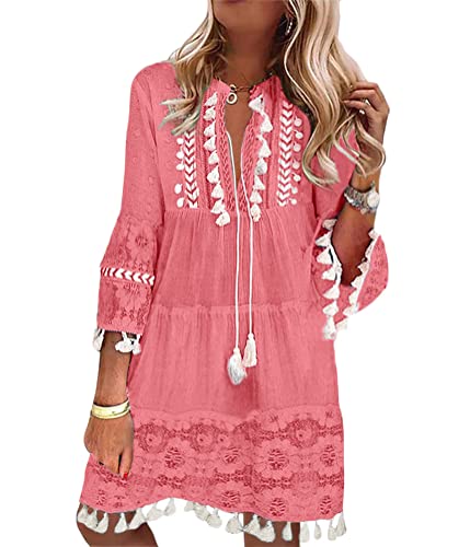 ORANDESIGNE Damen Kleider Strand Elegant Casual A-Linie Kleid Langarm Sommerkleider Boho V-Ausschnitt Quaste Spitze Tunika Mini Kleider A Rosa M von ORANDESIGNE