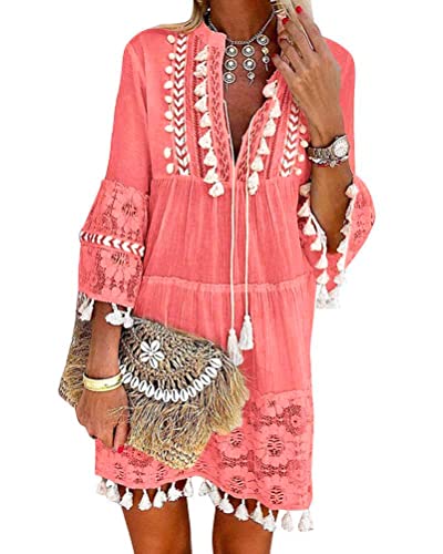ORANDESIGNE Damen Kleider Strand Elegant Casual A-Linie Kleid Langarm Sommerkleider Boho V-Ausschnitt Quaste Tunika Mini Kleider (36, A Hell Pink) von ORANDESIGNE