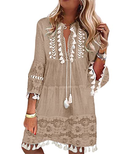 ORANDESIGNE Damen Kleider Strandkleid Boho Tunika Schulter Sommerkleid V-Ausschnitt Blumenkleid Lose A-Linie Langarm Tunika Mini Kleider A Khaki L von ORANDESIGNE