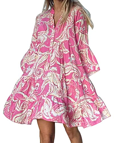 ORANDESIGNE Damen Kleider Strandkleid Boho Tunika Sommerkleid V-Ausschnitt Blumen Kleid Lose A-Linie 3/4-Arm Tunika Mini Kleider X5 Rosa L von ORANDESIGNE
