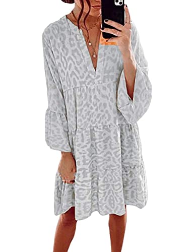 ORANDESIGNE Damen Kleider Strandkleid Boho Tunika Sommerkleid V-Ausschnitt Blumenkleid Lose A-Linie 3/4-Arm Mini Kleider Tunika C Weiß XL von ORANDESIGNE