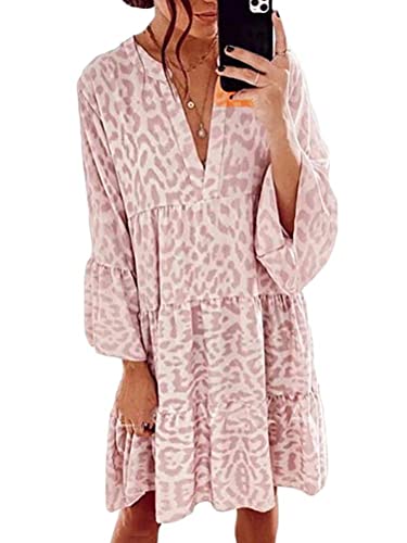 ORANDESIGNE Damen Kleider Strandkleid Boho Tunika Sommerkleid V-Ausschnitt Blumenkleid Lose A-Linie 3/4-Arm Tunika Mini Kleider C Rosa M von ORANDESIGNE