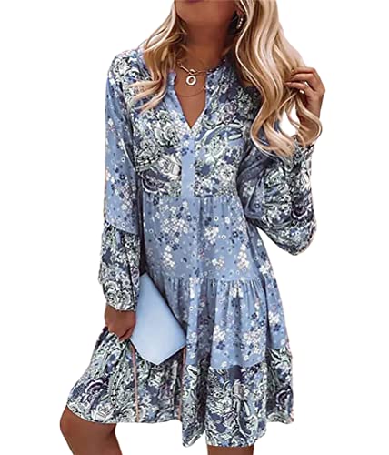 ORANDESIGNE Damen Kleider Strandkleid Boho Tunika Sommerkleid V-Ausschnitt Blumenkleid Lose A-Linie 3/4-Arm Tunika Mini Kleider X10 Blau XXL von ORANDESIGNE