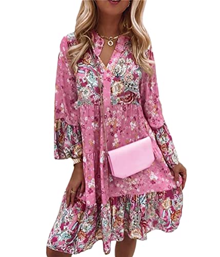 ORANDESIGNE Damen Kleider Strandkleid Boho Tunika Sommerkleid V-Ausschnitt Blumenkleid Lose A-Linie 3/4-Arm Tunika Mini Kleider X10 Rosa L von ORANDESIGNE