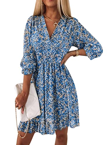 ORANDESIGNE Damen Kleider Strandkleid Boho Tunika Sommerkleid V-Ausschnitt Blumenkleid Lose A-Linie 3/4-Arm Tunika Mini Kleider X12 Blau M von ORANDESIGNE