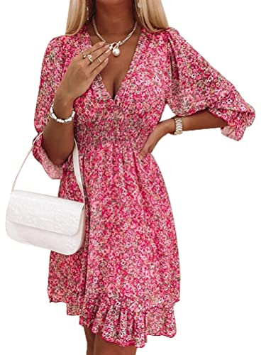 ORANDESIGNE Damen Kleider Strandkleid Boho Tunika Sommerkleid V-Ausschnitt Blumenkleid Lose A-Linie 3/4-Arm Tunika Mini Kleider X12 Rosa XL von ORANDESIGNE