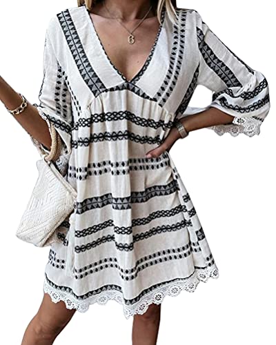 ORANDESIGNE Damen Kleider Strandkleid Boho Tunika Sommerkleid V-Ausschnitt Blumenkleid Lose A-Linie 3/4-Arm Tunika Mini Kleider X4 Schwarz XL ORANDESIGNE Damen Kleider Strandkleid Boho Tunika Sommerkleid V-Ausschnitt Blumenkleid Lose A-Linie 3/4-Arm Tunika Mini Kleider X4 Schwarz XL von ORANDESIGNE