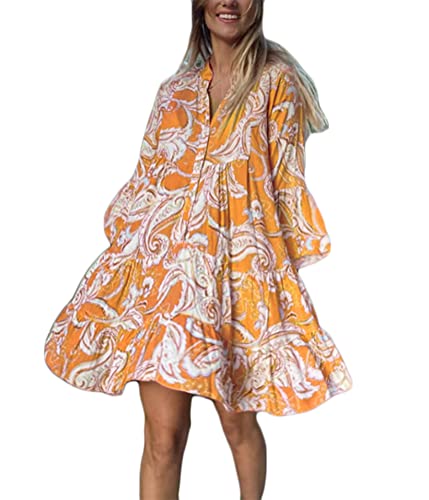 ORANDESIGNE Damen Kleider Strandkleid Boho Tunika Sommerkleid V-Ausschnitt Blumenkleid Lose A-Linie 3/4-Arm Tunika Mini Kleider X5 Gelb XL von ORANDESIGNE