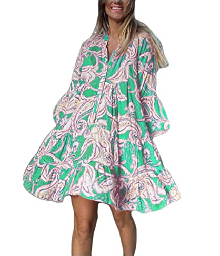 ORANDESIGNE Damen Kleider Strandkleid Boho Tunika Sommerkleid V-Ausschnitt Blumenkleid Lose A-Linie 3/4-Arm Tunika Mini Kleider X5 Hellgrün M von ORANDESIGNE