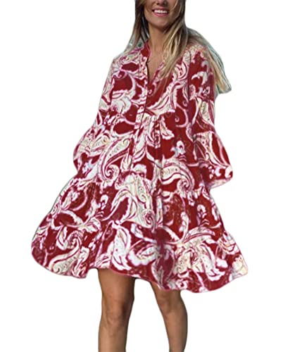 ORANDESIGNE Damen Kleider Strandkleid Boho Tunika Sommerkleid V-Ausschnitt Blumenkleid Lose A-Linie 3/4-Arm Tunika Mini Kleider X5 Rot L von ORANDESIGNE