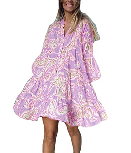 ORANDESIGNE Damen Kleider Strandkleid Boho Tunika Sommerkleid V-Ausschnitt Blumenkleid Lose A-Linie 3/4-Arm Tunika Mini Kleider X5 Violett M von ORANDESIGNE