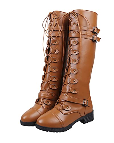 ORANDESIGNE Damen Kleiner Absatz Schnüren Armee Biker Militärstiefel Größe Stiefel Damen Klassische Stiefel mit Blockabsatz Schnallen B Gelb 39 EU von ORANDESIGNE