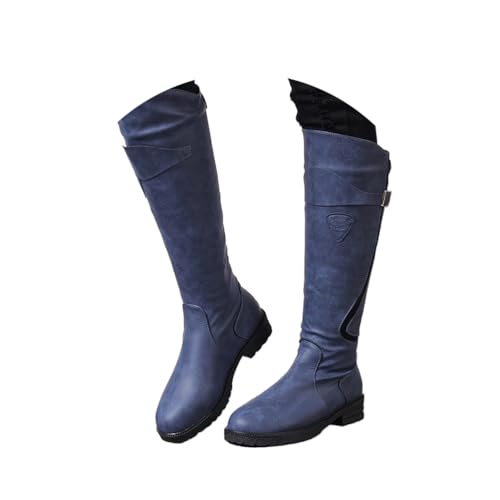 ORANDESIGNE Damen Knielange Schaft Stiefel Runde Spitze Schnallenriemen Reitstiefel Blockabsatz Knielange Stiefel A Blau 41 EU von ORANDESIGNE