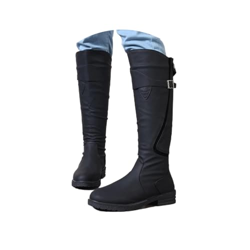 ORANDESIGNE Damen Knielange Schaft Stiefel Runde Spitze Schnallenriemen Reitstiefel Blockabsatz Knielange Stiefel A Schwarz 40 EU von ORANDESIGNE