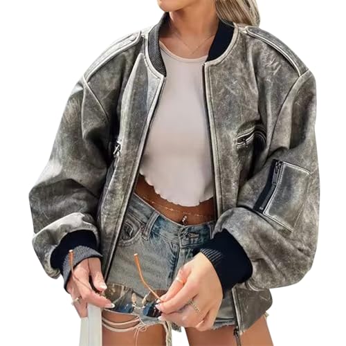 ORANDESIGNE Damen Kunstleder Bomberjacke Lederjacke Mädchen Frauen Reißverschluss Stehkragen Kurz Mantel Kurze Freizeitjacke Übergangsjacke A Grau L von ORANDESIGNE