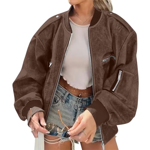 ORANDESIGNE Damen Kunstleder Bomberjacke Lederjacke Mädchen Frauen Reißverschluss Stehkragen Kurz Mantel Kurze Freizeitjacke Übergangsjacke A Kaffee M von ORANDESIGNE