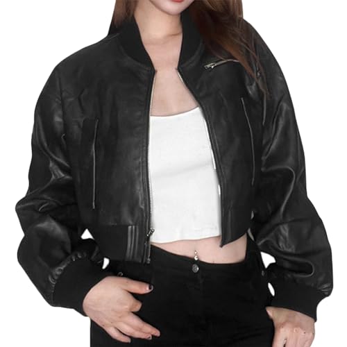 ORANDESIGNE Damen Kunstleder Bomberjacke Lederjacke Mädchen Frauen Reißverschluss Stehkragen Kurz Mantel Kurze Freizeitjacke Übergangsjacke C Schwarz S von ORANDESIGNE