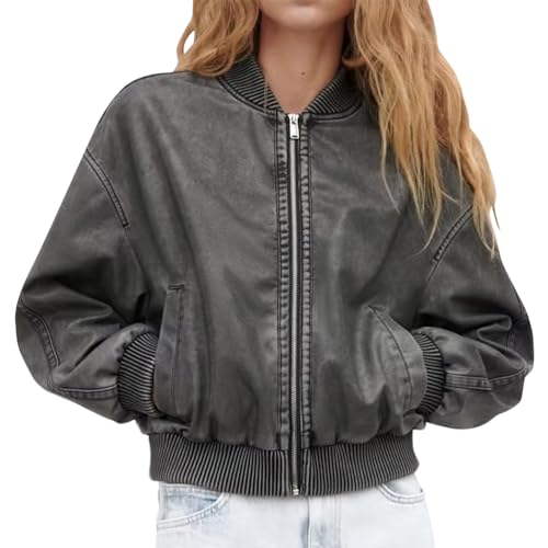 ORANDESIGNE Damen Kunstleder Bomberjacke Lederjacke Mädchen Frauen Reißverschluss Stehkragen Kurz Mantel Kurze Freizeitjacke Übergangsjacke D Grau M von ORANDESIGNE