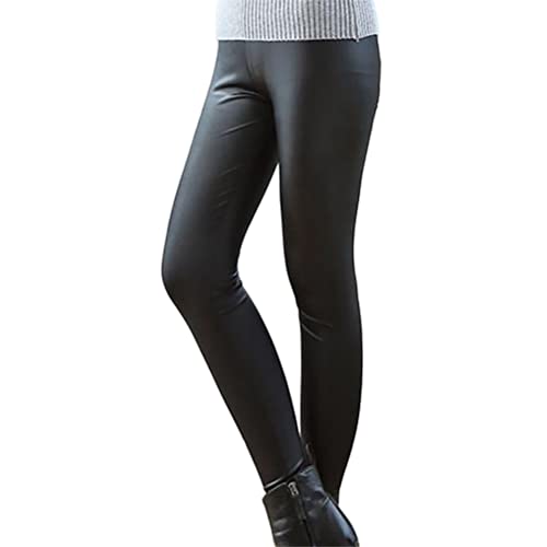 ORANDESIGNE Damen Lederoptik Leggings Kunstleder Hose Hohe Taille Stretch PU Lederhose Skinny Leggins Strumpfhose Hohe Taille Bleistifthose Freizeithose A Schwarz (Matt) L von ORANDESIGNE